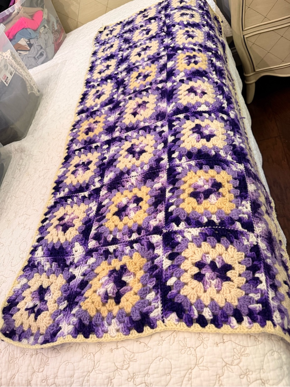 Handmade Purple and Cream Crochet Granny Square Throw Blanket